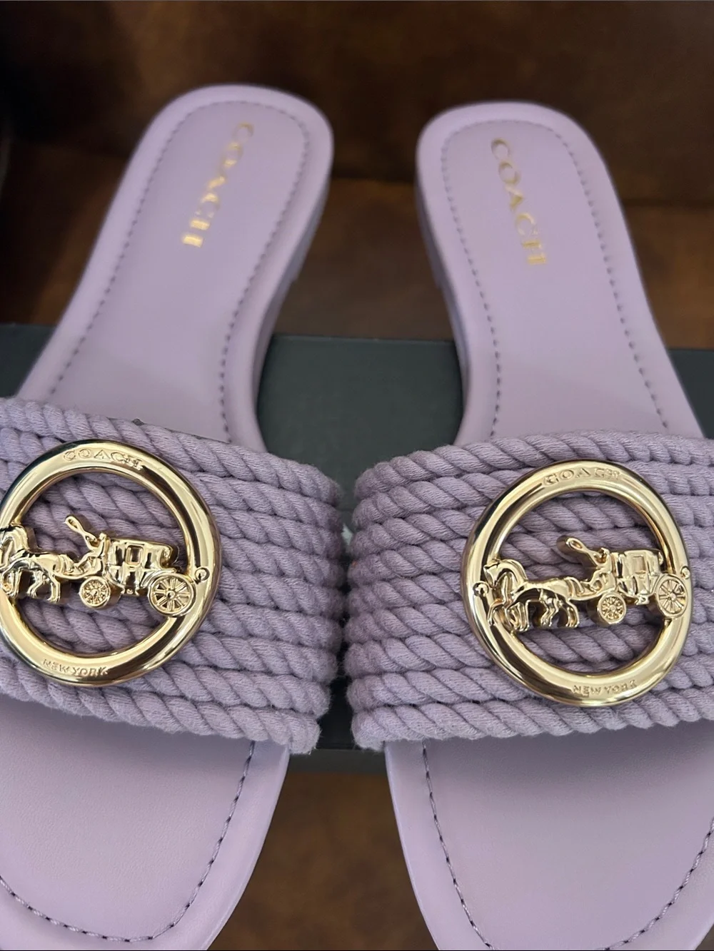 Coach Taupe Braided Slide Sandals with Gold Emblem lila